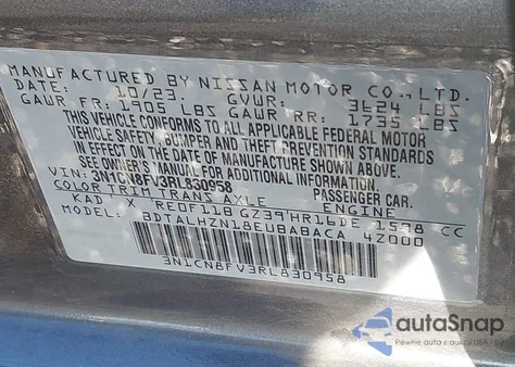 2024 Nissan Versa 1.6 Sr z USA, uszkodzony, nr VIN 3N1CN8FV3RL830958